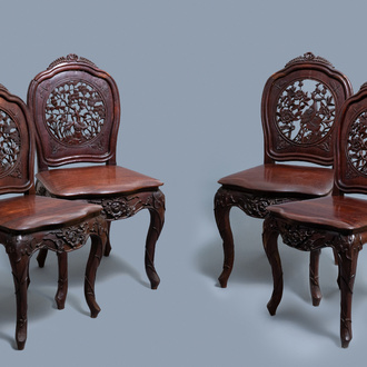 Four wooden chairs with reticulated backs, Macao or Portuguese colonial, 19th C.